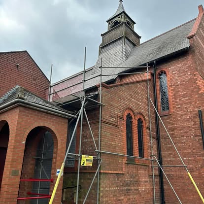 Church on scaffold for roof repairs